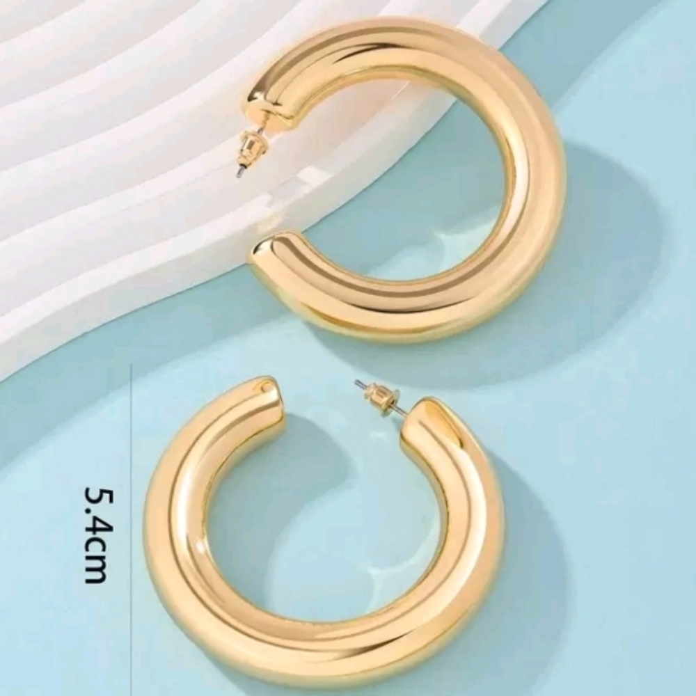 NEW! 14K Gold Plated Statement Tube Large Open Hoop Earrings - Picture 3 of 4